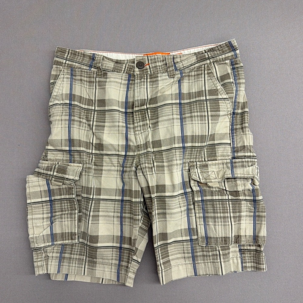 Lazer Garment Co Mens Plaid Cargo Shorts Size 34 Utility Workwear Tan‎ Blue